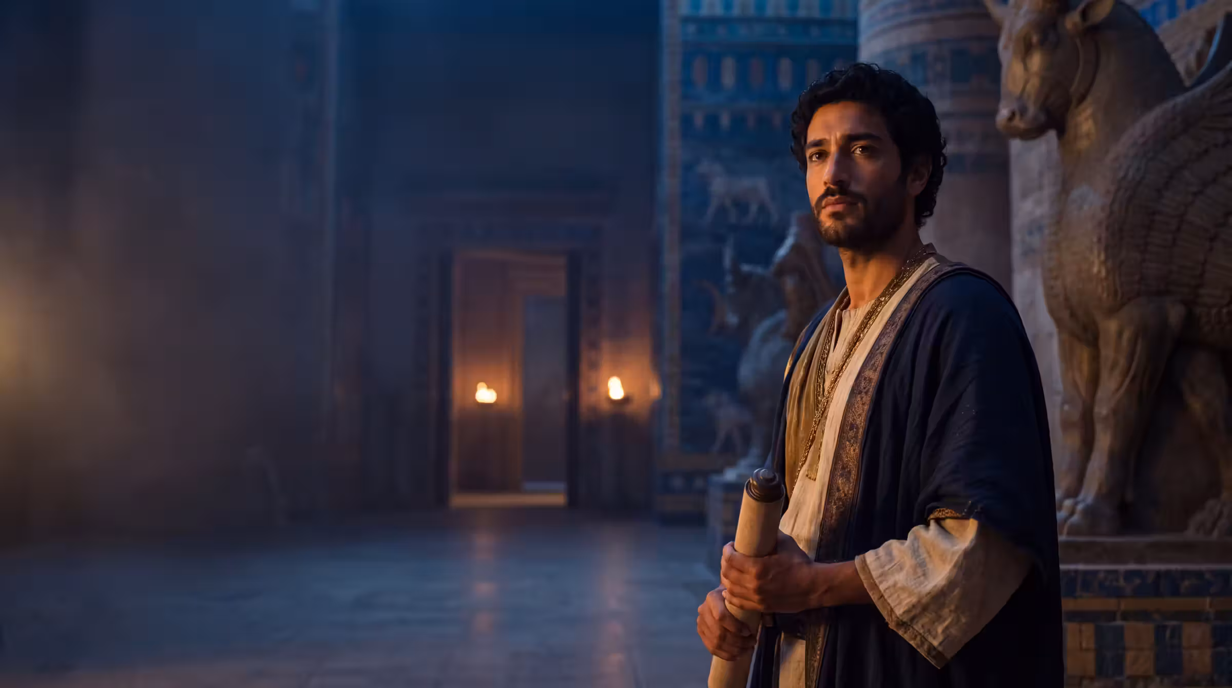 Daniel in a vast Babylonian hall at night, a scroll against his side, glazed brick columns receding into shadow
