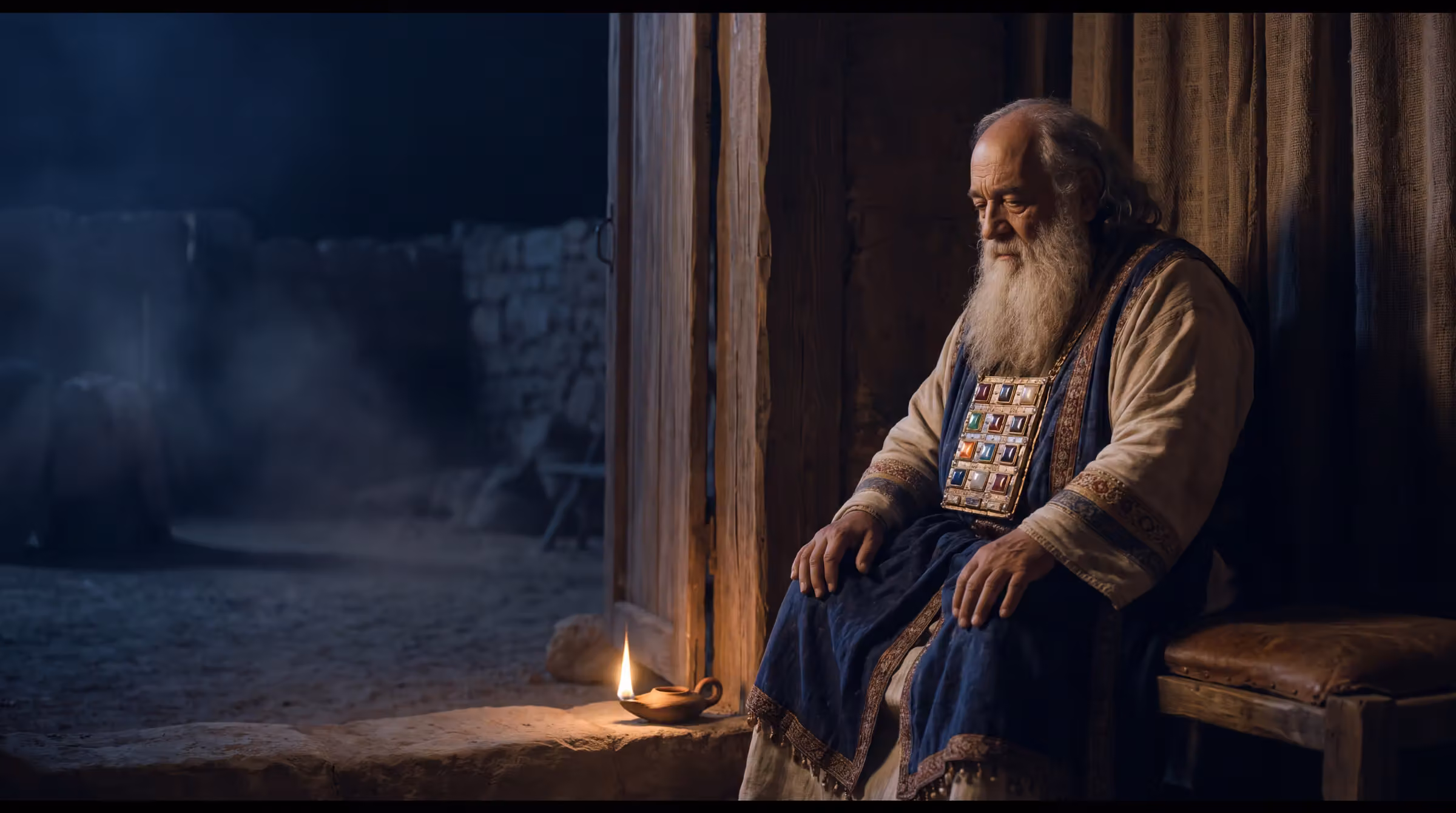 Eli seated by the doorpost of the tabernacle at Shiloh late in the evening, a single lamp burning low beside him