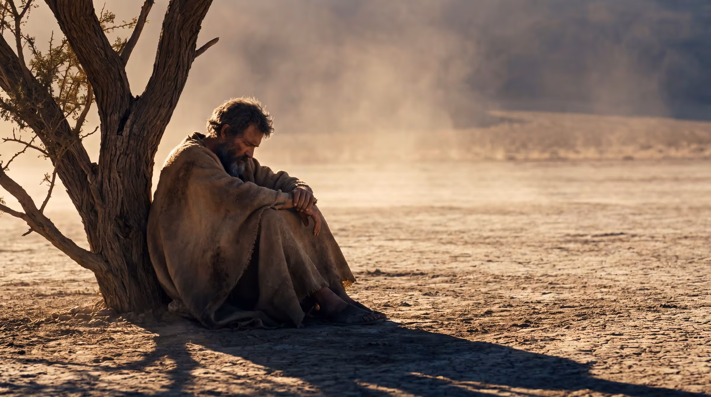 An exhausted prophet in a dust-caked cloak slumped against a solitary broom tree in an empty bleached desert