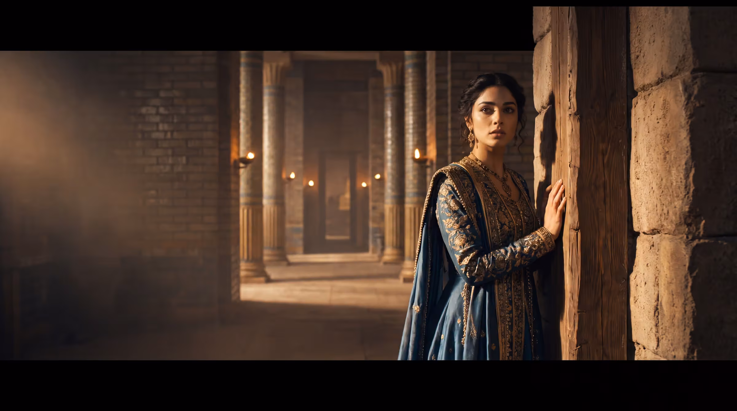 Esther pausing at the threshold of the king's inner court at Susa, a long lamplit hall running away beyond her
