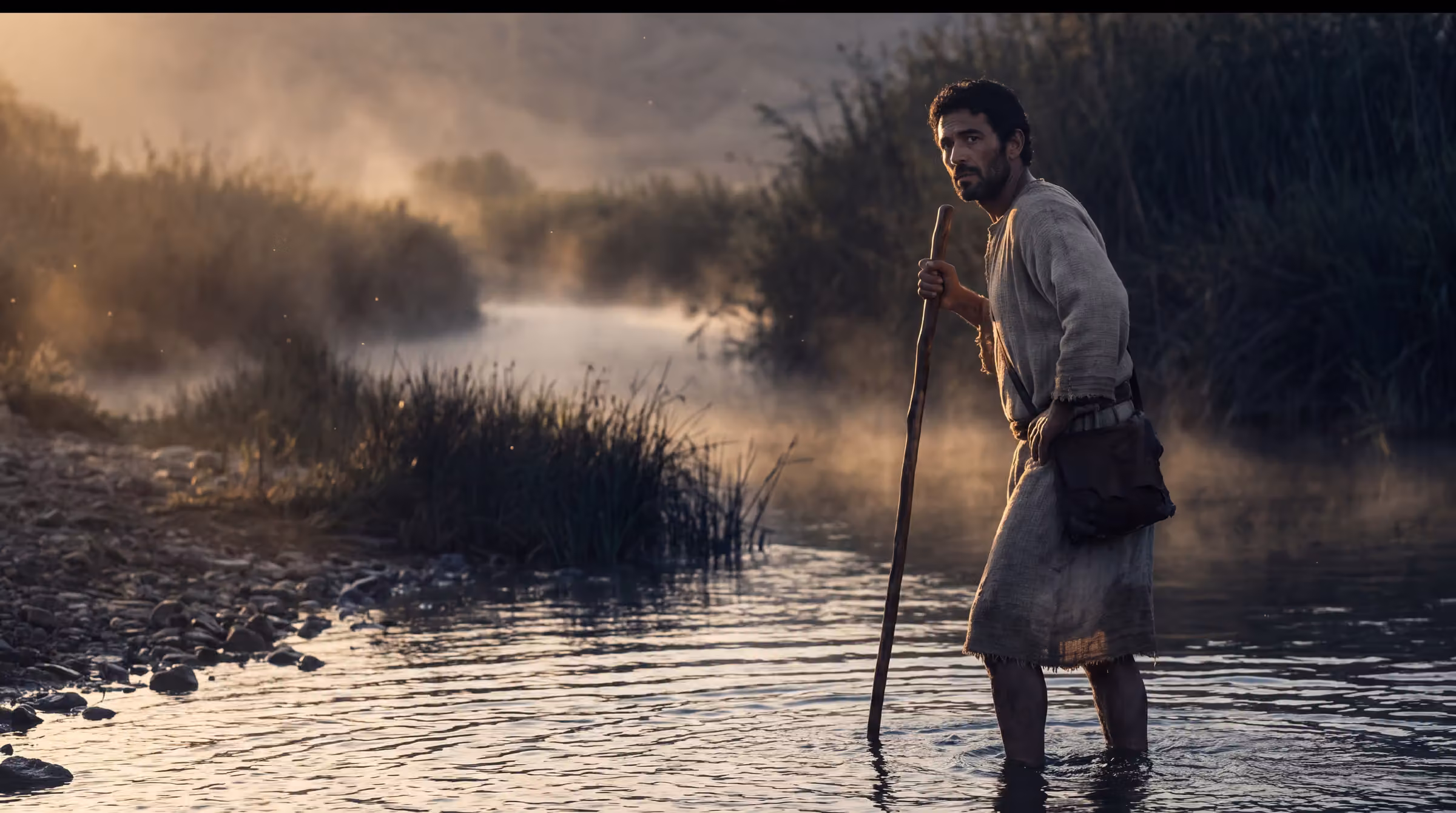 Jacob leaning on a staff at the ford of the Jabbok after sunrise, favouring one hip, mist lying on the water