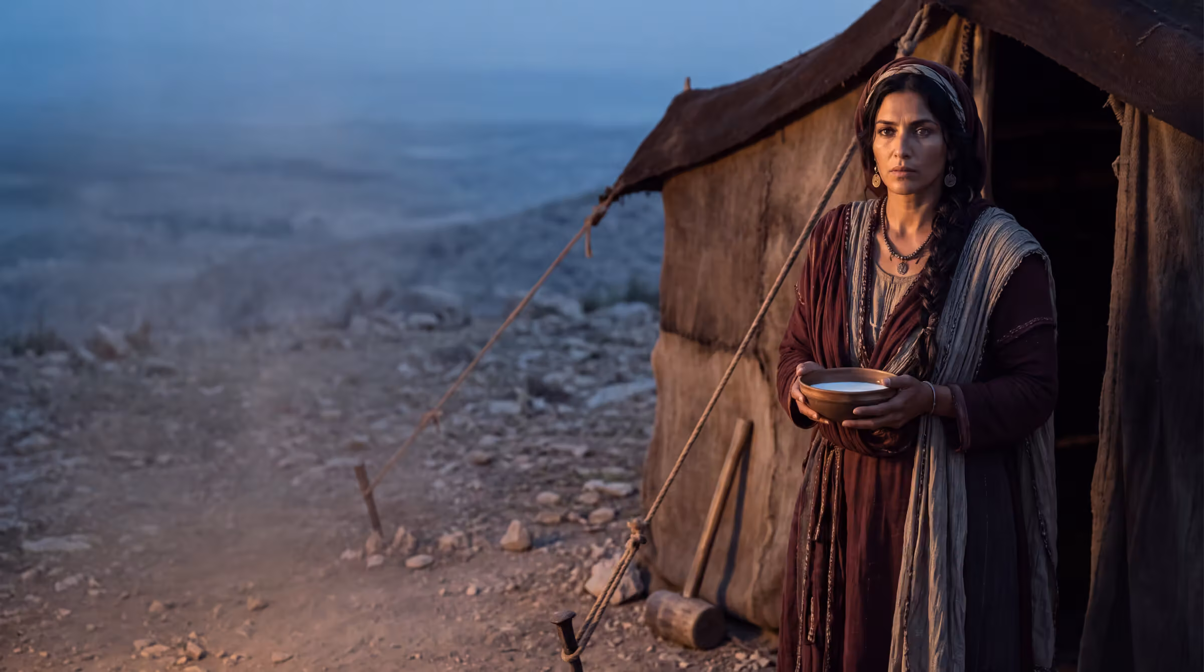Jael standing at the open flap of her goat-hair tent at dusk with a bowl of milk in both hands, a mallet and tent peg in the dust beside her