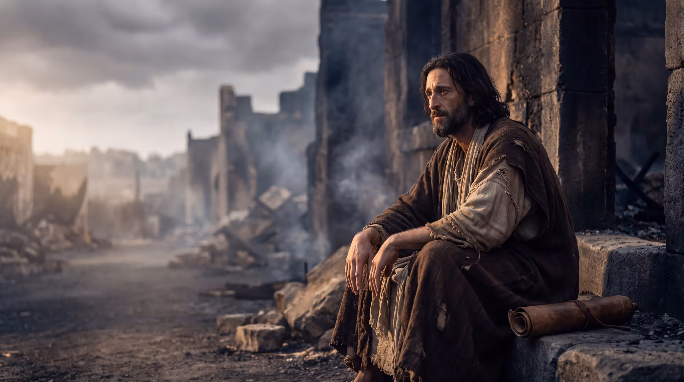 Jeremiah sitting on the step of a broken city gate in Jerusalem, a scroll beside him, the ruined street running away beyond