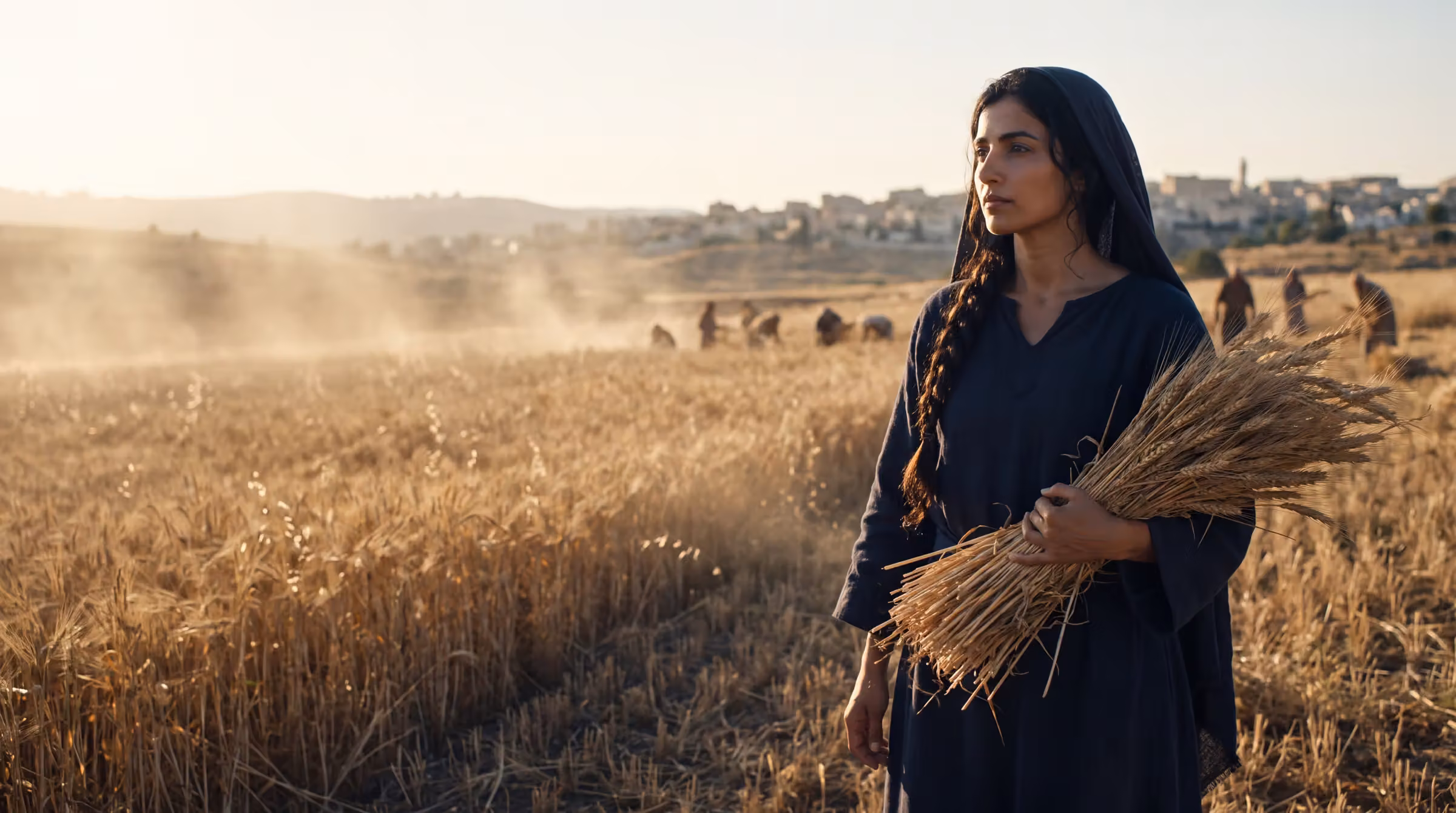 Ruth straightening from gleaning at the edge of a barley field outside Bethlehem, a bundle of stalks against her hip