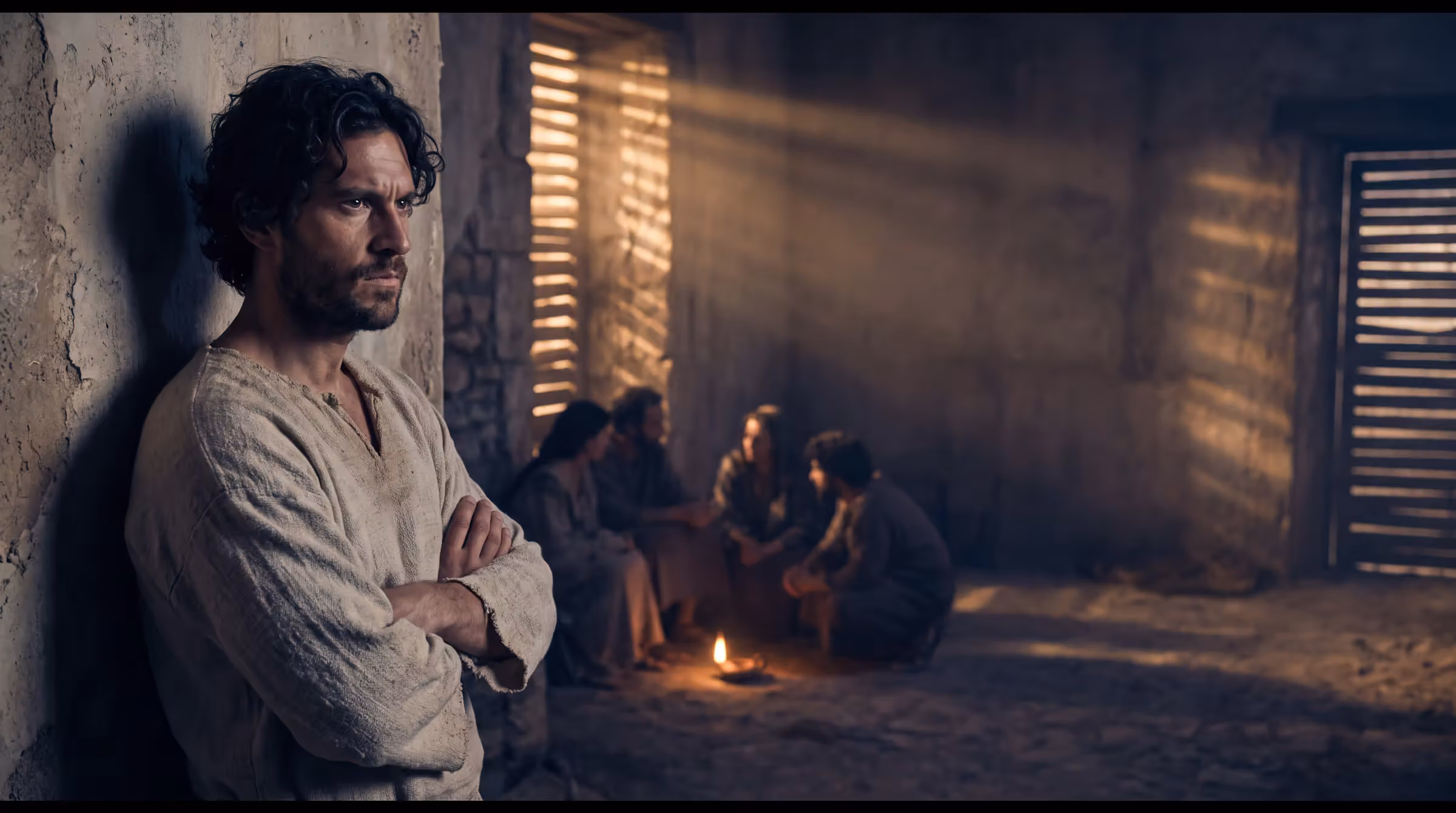 A man standing apart with folded arms in the corner of a shuttered upper room, others seated around a lamp behind him