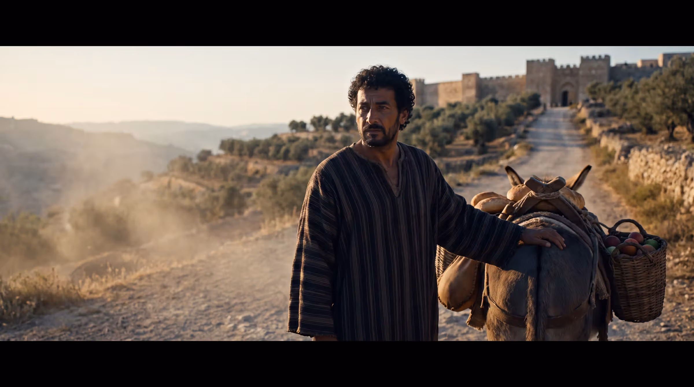 Ziba on the road below Jerusalem at dawn, a hand on a laden donkey's pack-saddle, the city gate on the ridge beyond