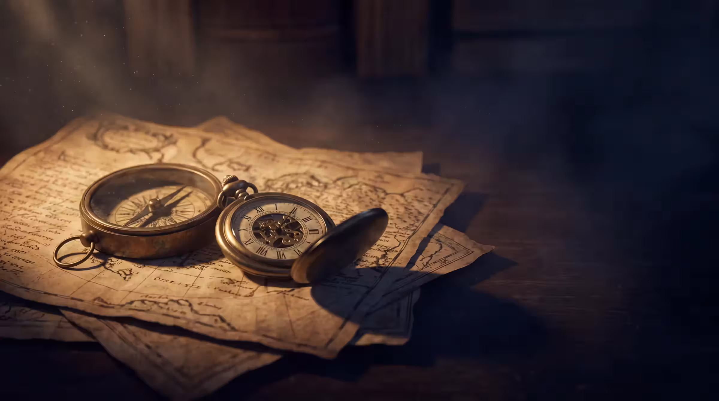 A brass compass and pocket watch resting on aged paper