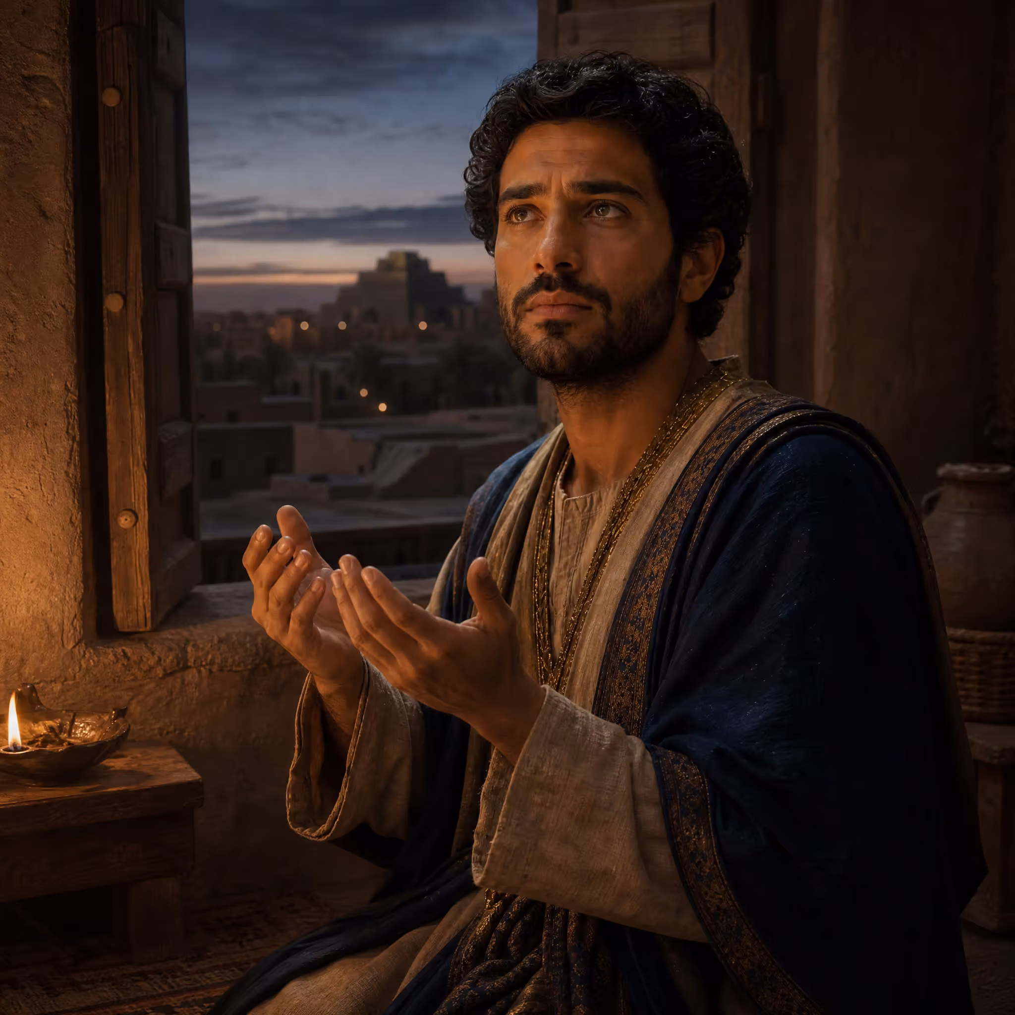 Daniel kneels at an open wooden-shuttered window in a plain upper room, hands raised in prayer, lit by a small oil lamp on a low table, with the rooftops and a ziggurat of Babylon fading into dusk outside.